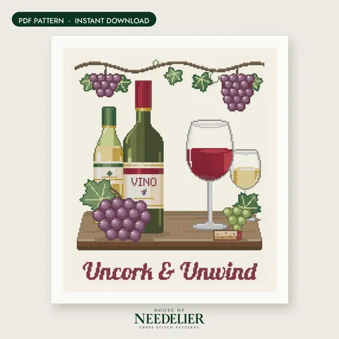Uncork and Unwind Wine Still Life cross stitch pattern