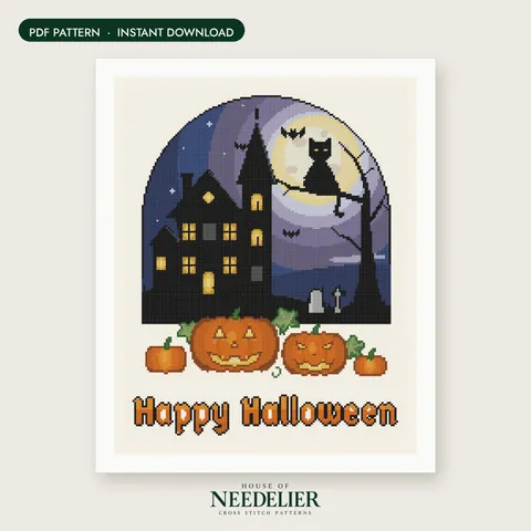Happy Halloween Haunted House cross stitch pattern