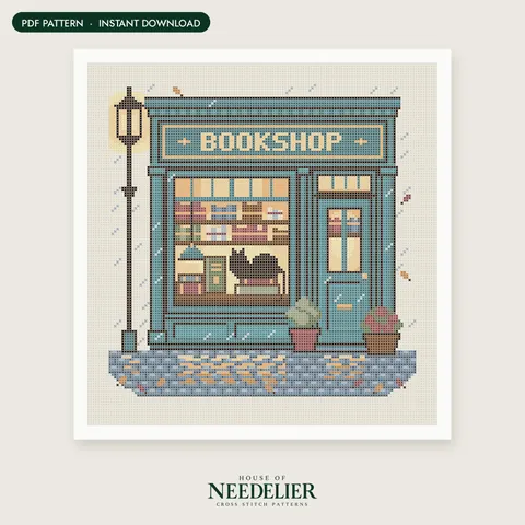 The Rainy Bookshop cross stitch pattern