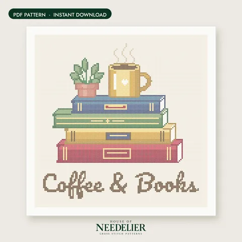 Coffee and Books cross stitch pattern