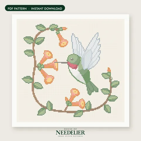 Hummingbird and Blossoms cross stitch pattern