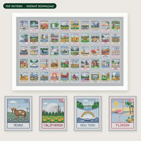 Stamps of the 50 States cross stitch pattern